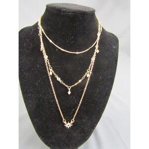 Triple Layer Gold Chain Choker Necklace Rhinestones Inset